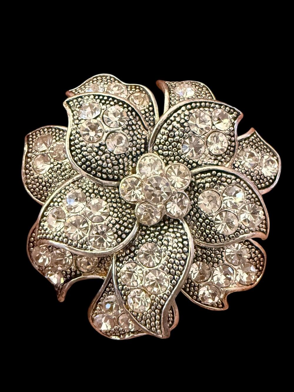 Vintage Liz Claiborne LC Rhinestone Flower Brooch Silver Tone Statement Pin